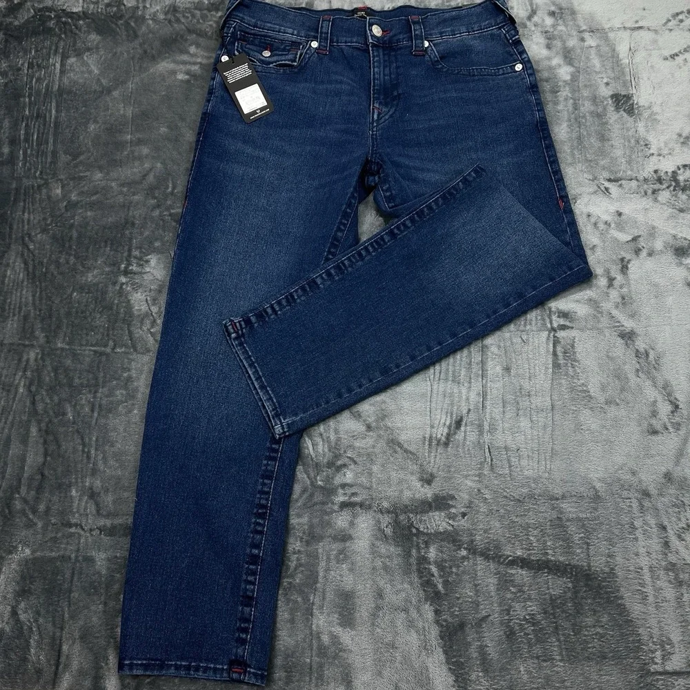 NWT True‎ Religion Dark Blue Red Stitch 34X30 Geno Relaxed Big T Flap $204 new